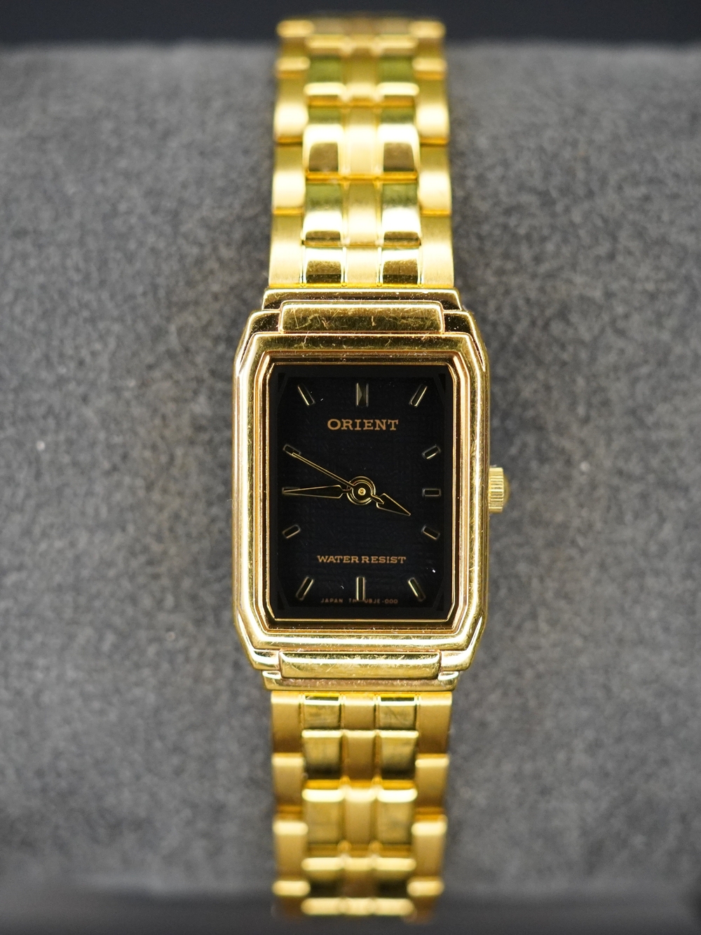 Orient Quartz Gold Tone Black Dial Rectangular Bracelet Water Resist Watch NOS